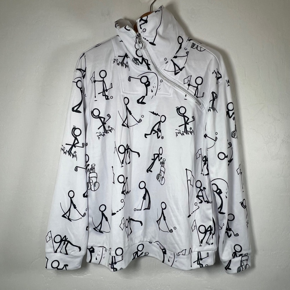 Acegolfs Womens XL White Black Stick Figure Golf Print Quarter Zip‎ Pullover NWT